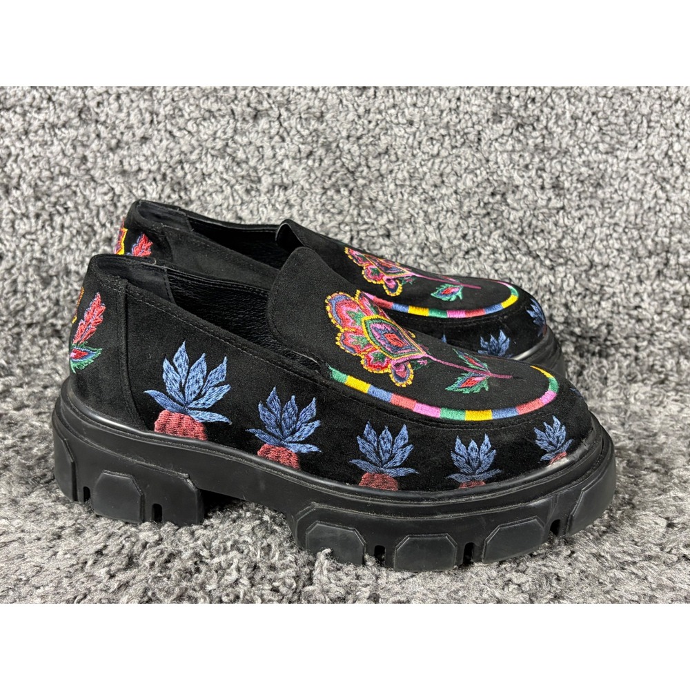 Farm Rio Black Suede Embroidered Floral Pineapple Chunky Lug Sole Loafers 8.5